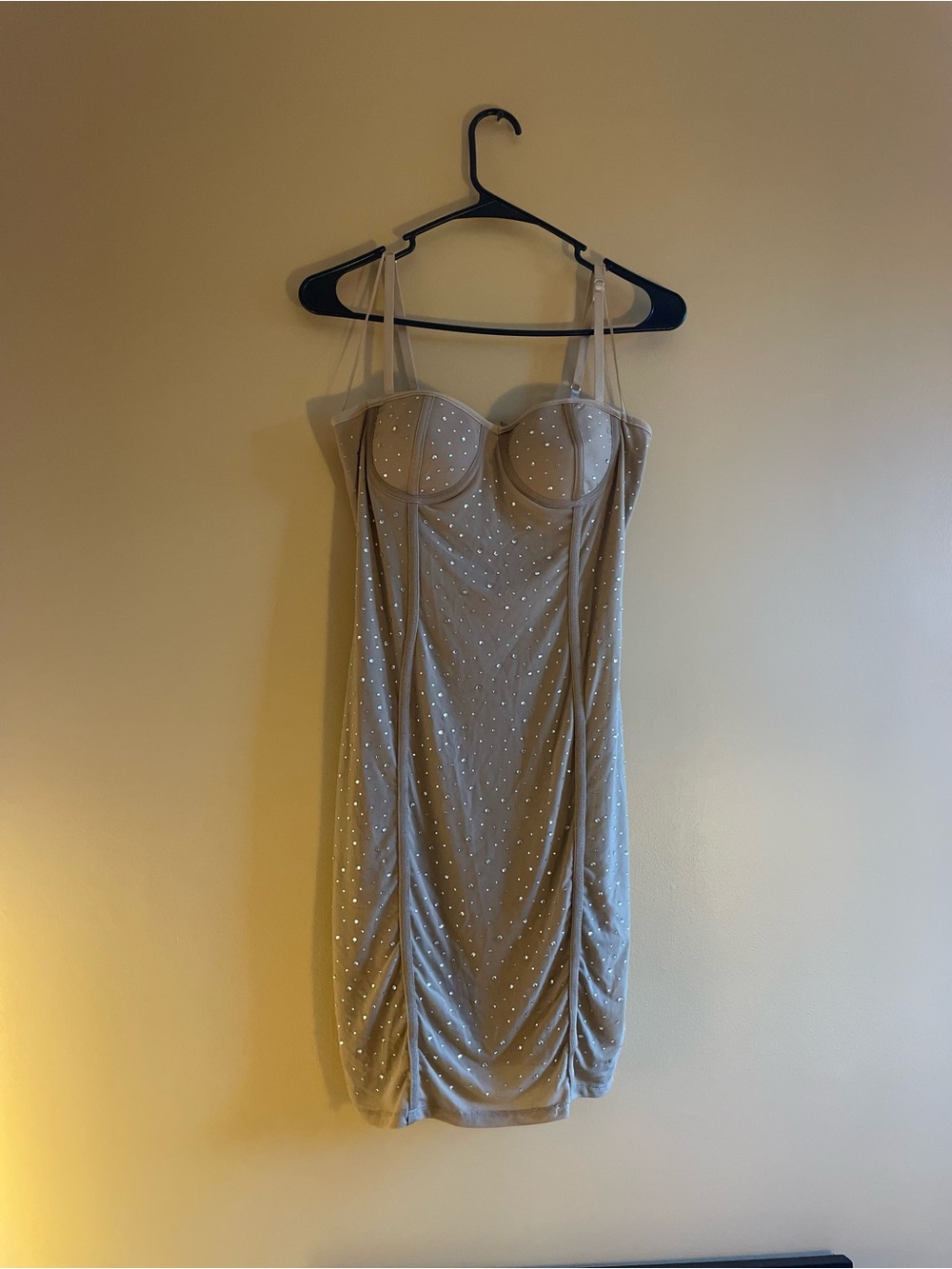Beige Rhinestone Bustier Mini Dress with Sheer Straps- Size Medium